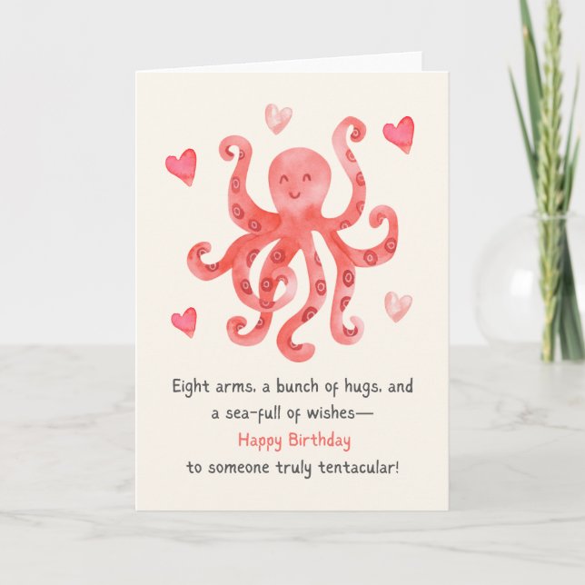 Cute Smiling Red Octopus Hearts Happy Birthday Card (Front)