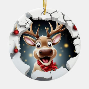 Cute smiling reindeer breaking through ceramic tree decoration