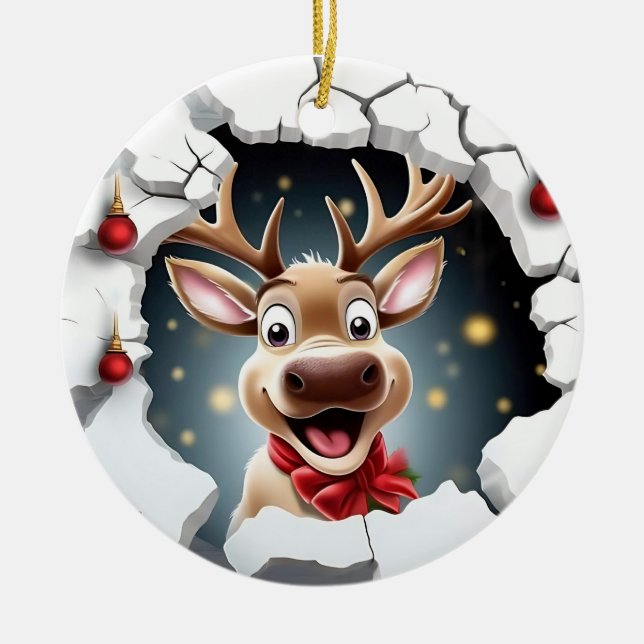 Cute smiling reindeer breaking through ceramic tree decoration (Front)