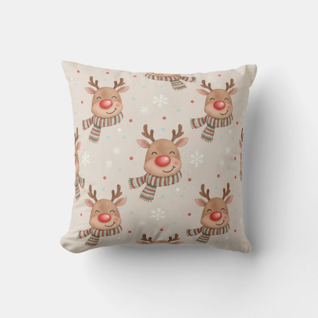 Cute Smiling Reindeer Christmas Throw Pillow (Front)