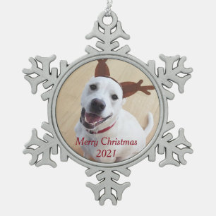 Cute Smiling Reindeer White Puppy Dog Christmas  S Snowflake Pewter Christmas Ornament