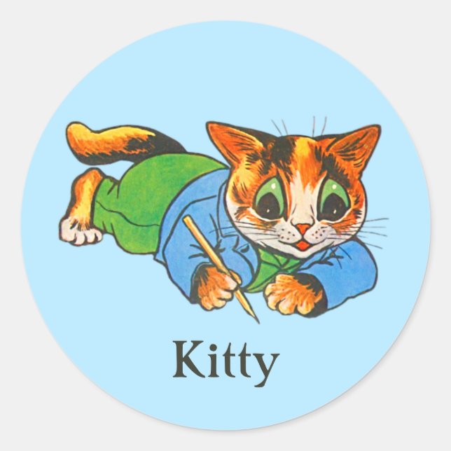 Cute Smiling Retro 1930 Cartoon Cat Writers Mascot Classic Round Sticker (Front)