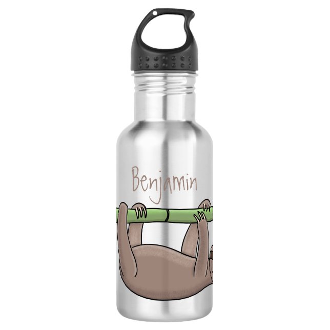Cute smiling sloth on bamboo cartoon illustration 532 ml water bottle (Front)