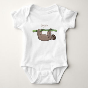 Cute smiling sloth on bamboo cartoon illustration baby bodysuit
