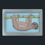 Cute smiling sloth on bamboo cartoon illustration belt buckle<br><div class="desc">This cute,  happy sloth is hanging on a green bamboo. All done in adorable cartoon illustration style.</div>