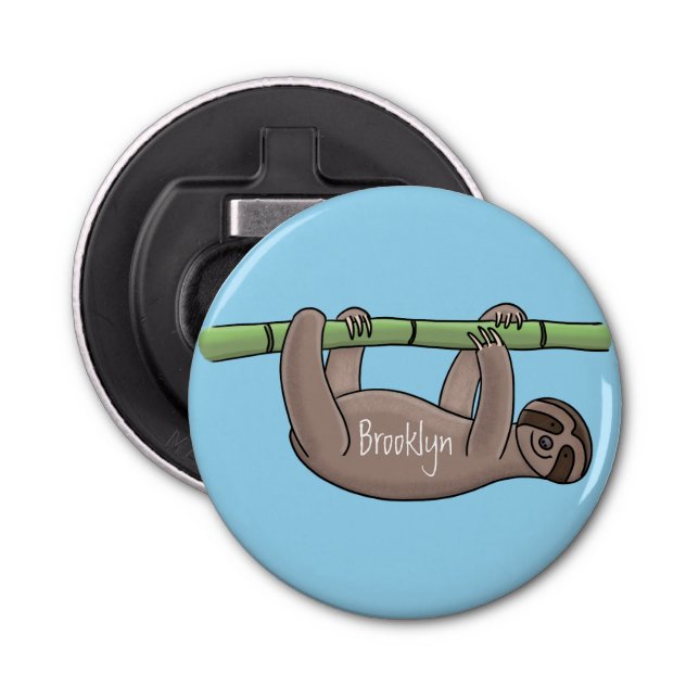 Cute smiling sloth on bamboo cartoon illustration bottle opener (Front)