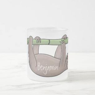 Cute smiling sloth on bamboo cartoon illustration frosted glass coffee mug