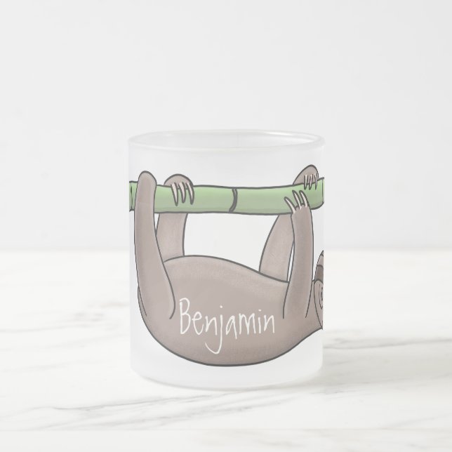 Cute smiling sloth on bamboo cartoon illustration frosted glass coffee mug (Center)