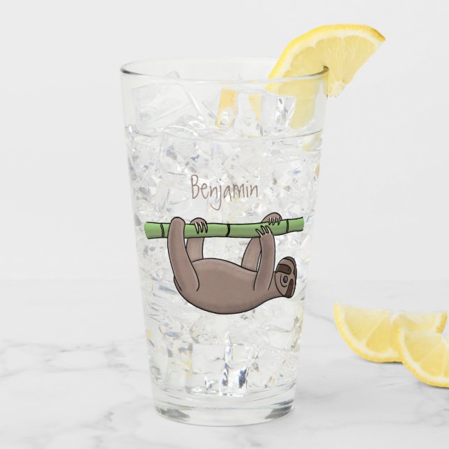 Cute smiling sloth on bamboo cartoon illustration glass (Back Ice)