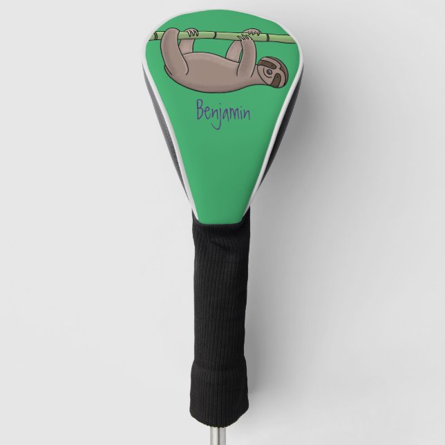 Cute smiling sloth on bamboo cartoon illustration golf head cover (Front)