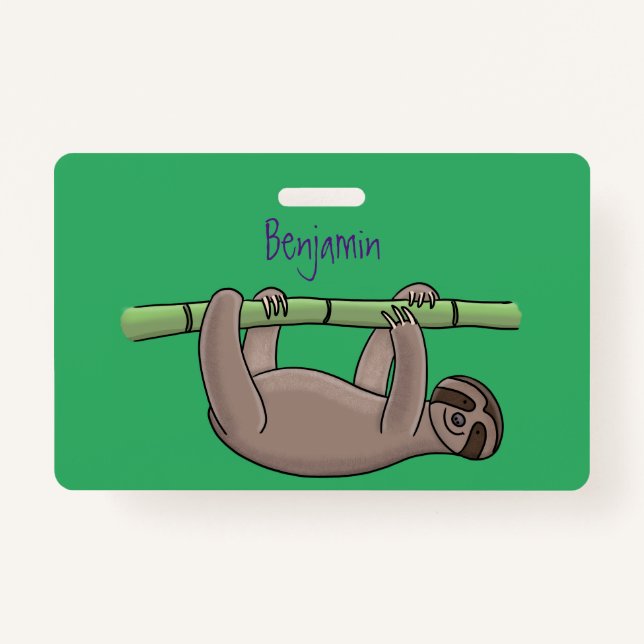 Cute smiling sloth on bamboo cartoon illustration ID badge (Front)