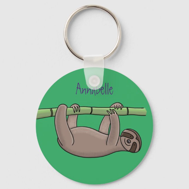 Cute smiling sloth on bamboo cartoon illustration key ring (Front)