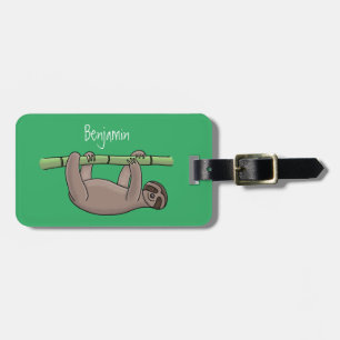 Cute smiling sloth on bamboo cartoon illustration luggage tag