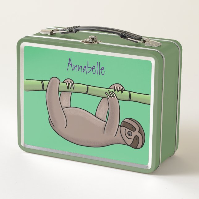 Cute smiling sloth on bamboo cartoon illustration metal lunch box (Front)
