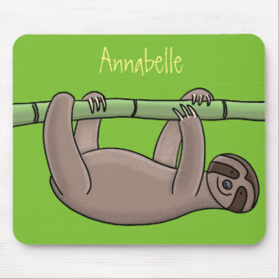 Cute smiling sloth on bamboo cartoon illustration mouse mat