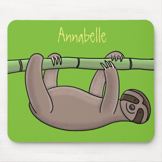 Cute smiling sloth on bamboo cartoon illustration mouse mat (Front)