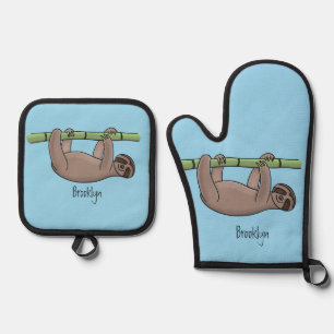 Cute smiling sloth on bamboo cartoon illustration oven mitt & pot holder set