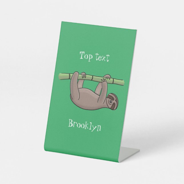 Cute smiling sloth on bamboo cartoon illustration pedestal sign (Front)