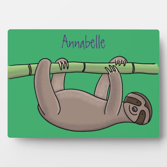 Cute smiling sloth on bamboo cartoon illustration plaque (Front)