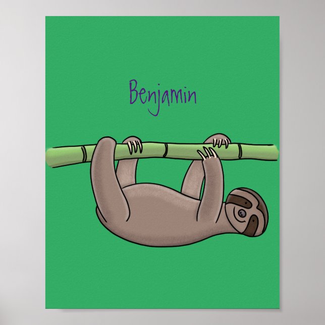 Cute smiling sloth on bamboo cartoon illustration poster (Front)