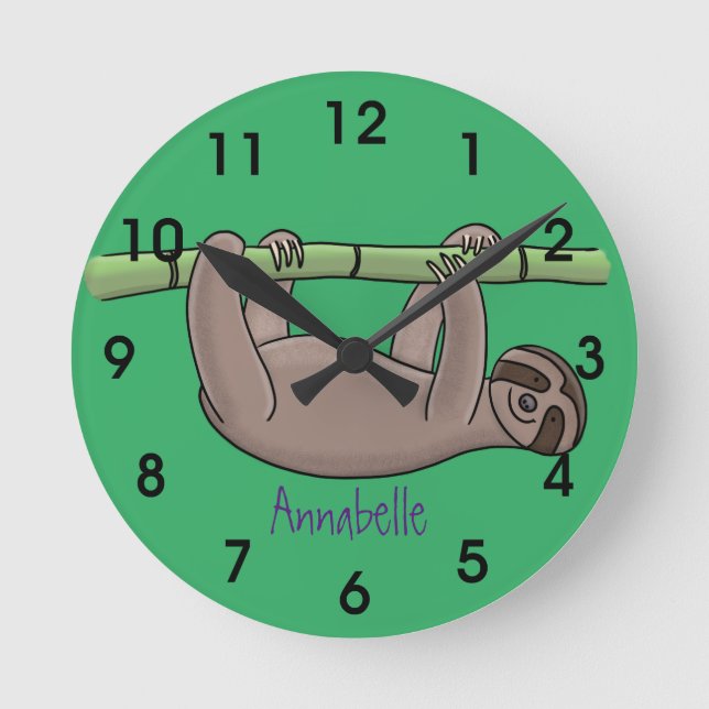 Cute smiling sloth on bamboo cartoon illustration round clock (Front)