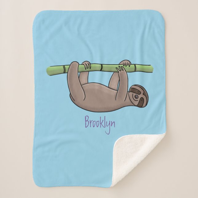 Cute smiling sloth on bamboo cartoon illustration  sherpa blanket (Front)