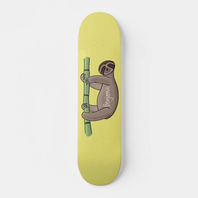 Cute smiling sloth on bamboo cartoon illustration skateboard (Front)
