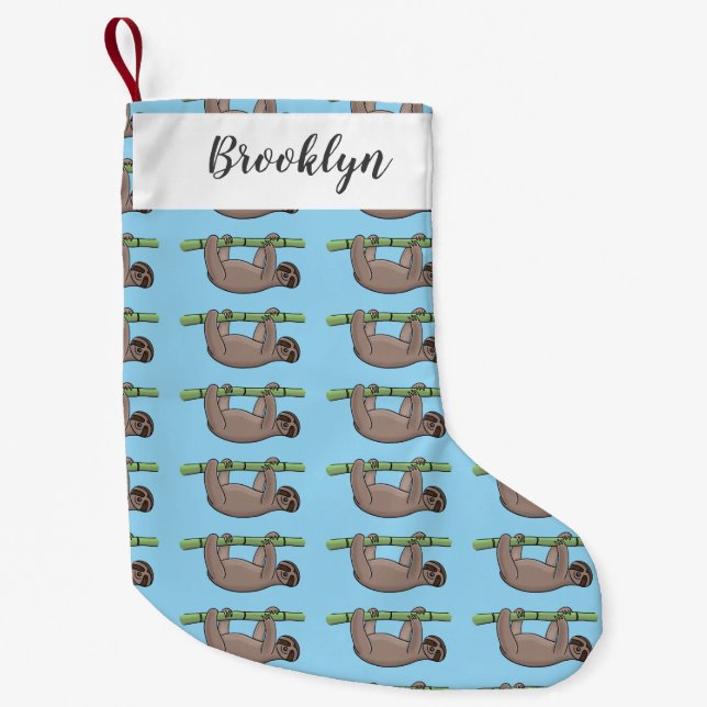 Cute smiling sloth on bamboo cartoon illustration small christmas stocking (Front)