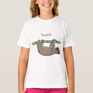 Cute smiling sloth on bamboo cartoon illustration T-Shirt