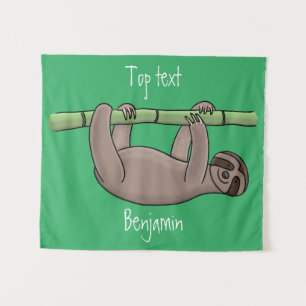 Cute smiling sloth on bamboo cartoon illustration  tapestry