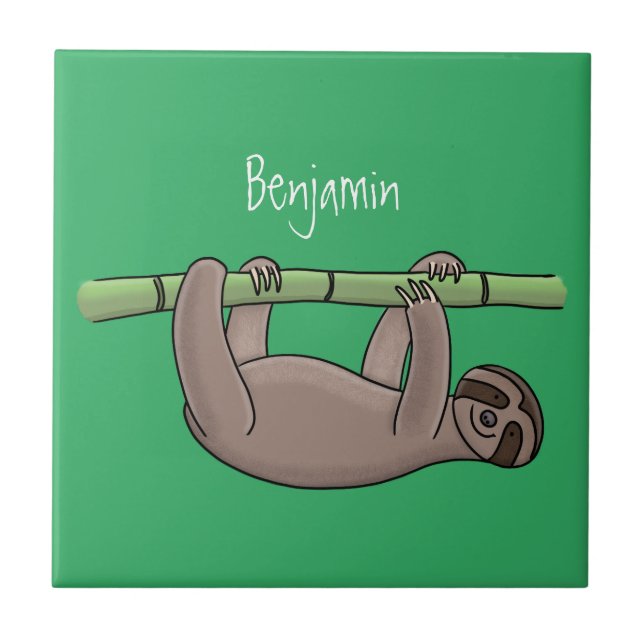 Cute smiling sloth on bamboo cartoon illustration tile (Front)