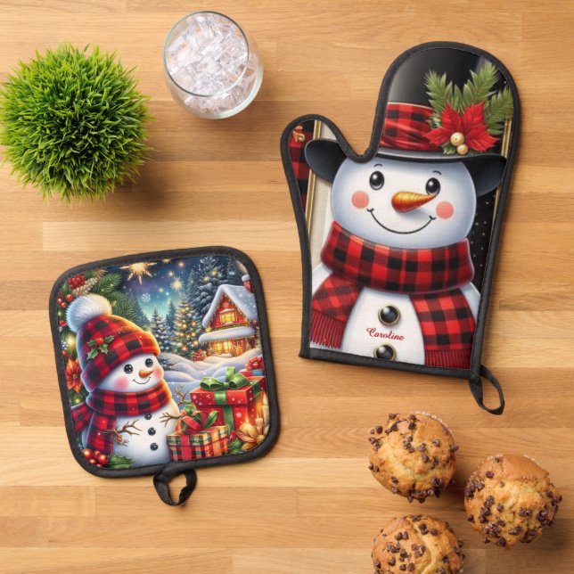 Cute Smiling Snowman Christmas Oven Mitt & Pot Holder Set (Top Down)