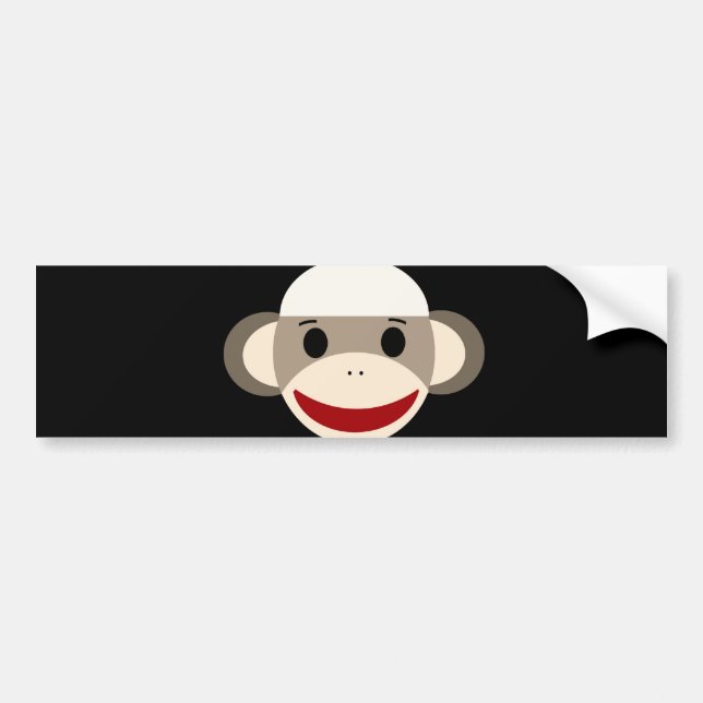 Cute Smiling Sock Monkey Face on Red Black Bumper Sticker (Front)