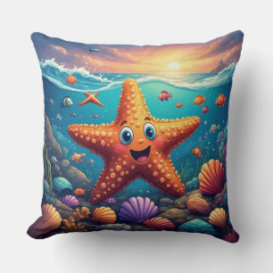 Cute Smiling Starfish Cartoon On Beach Cushion
