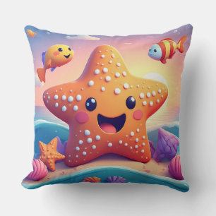 Cute Smiling Starfish Cartoon On Beach Cushion