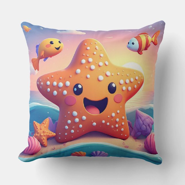 Cute Smiling Starfish Cartoon On Beach Cushion (Front)