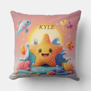 Cute Smiling Starfish Cartoon On Beach Cushion