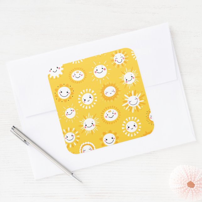 Cute smiling sun cartoon art square sticker (Envelope)