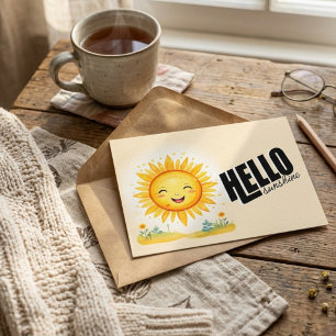 Cute Smiling Sun Illustration Typography Hello Sun Holiday Postcard