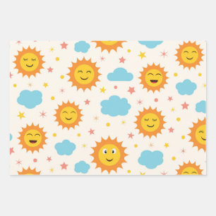 Cute Smiling Sunshine with Clouds and Stars Patter Wrapping Paper Sheet