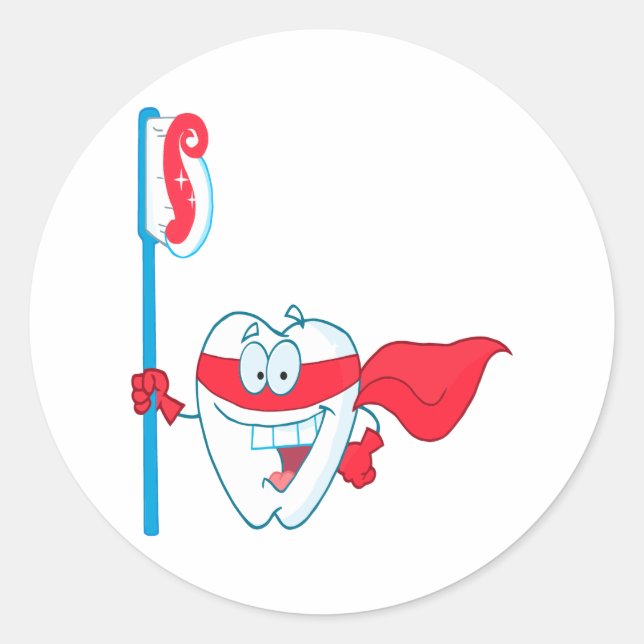 Cute Smiling Superhero Tooth With Toothbrush Classic Round Sticker (Front)