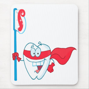 Cute Smiling Superhero Tooth With Toothbrush Mouse Mat