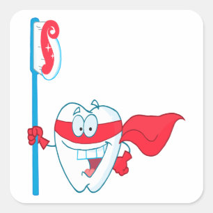 Cute Smiling Superhero Tooth With Toothbrush Square Sticker