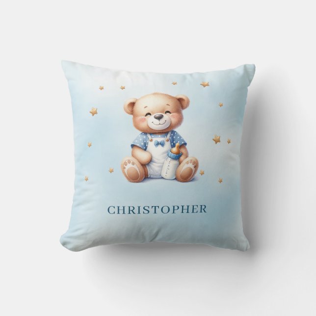 Cute smiling teddy bear with baby bottle cushion (Front)