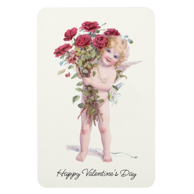 Cute Smiling Vintage Valentine Cupid with Roses Magnet (Vertical)