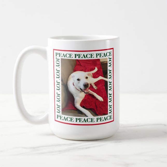 Cute Smiling White Dog Peace Joy 1 Photo Christmas Coffee Mug (Left)