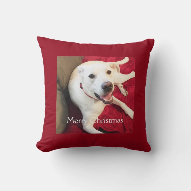 Cute Smiling White Puppy Dog Christmas Red Cushion (Front)