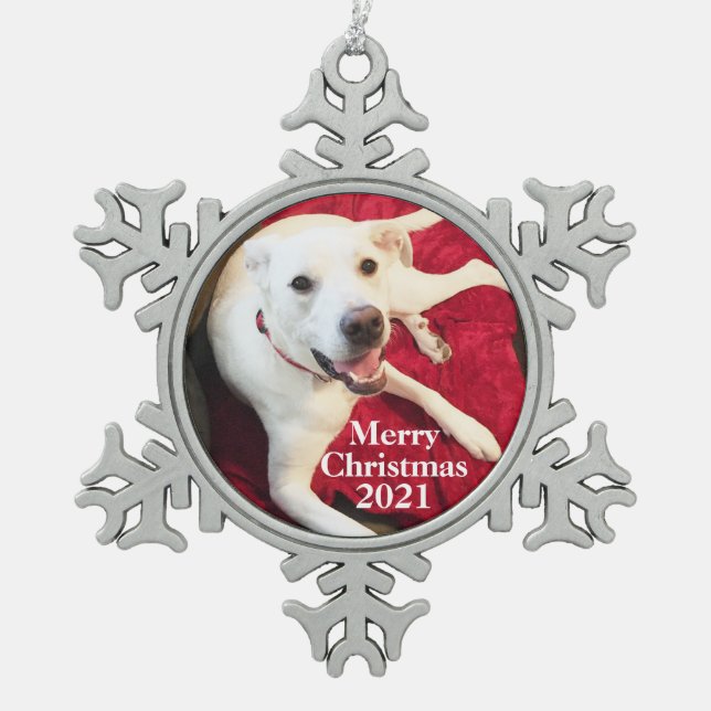 Cute Smiling White Puppy Dog Snowflake Pewter Christmas Ornament (Front)