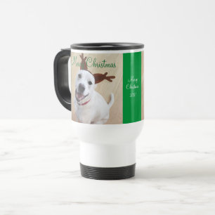 Cute Smiling White Reindeer Dog Christmas Green Travel Mug