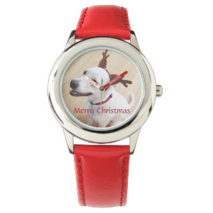Cute Smiling White Reindeer Dog Red Christmas Watc Watch